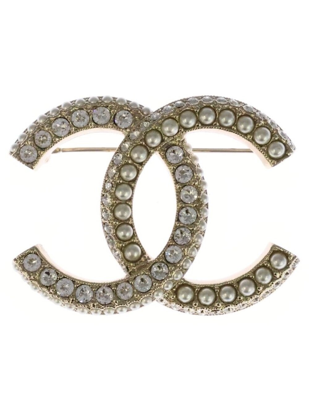Chanel CC Logo Rhinestone Pearl Pin Badge Brooch Gold